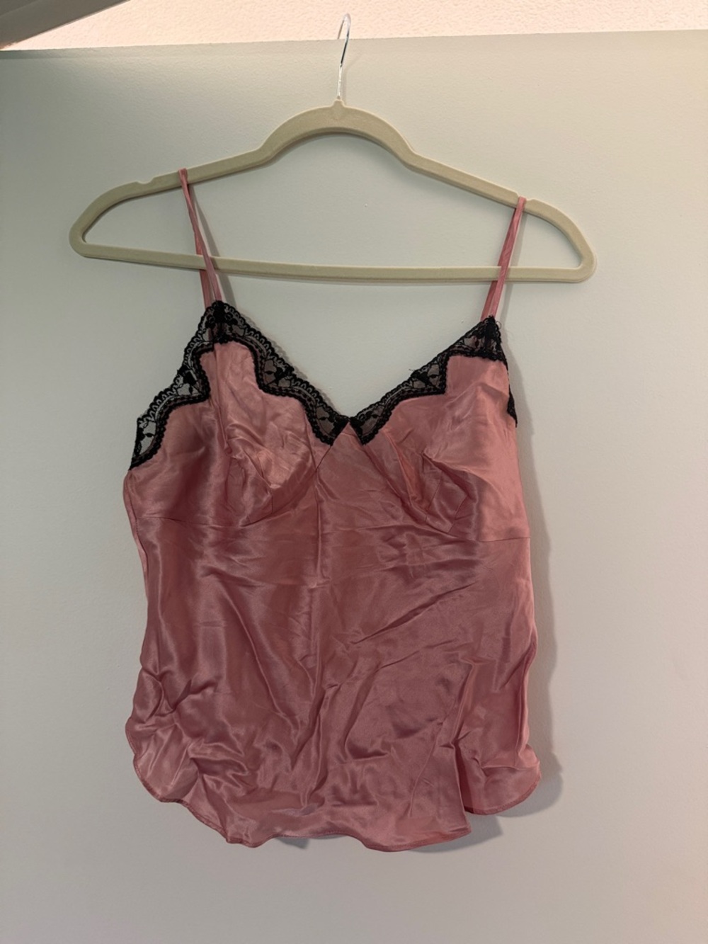 Newport News Pink Silk Camisole with Black Lace Trim